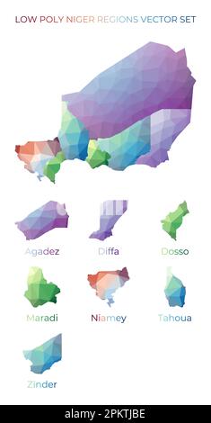 Régions nigérianes à faible teneur en poly. Carte polygonale du Niger avec les régions. Cartes géométriques pour votre conception. Illustration vectorielle élégante. Illustration de Vecteur