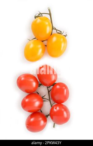Les tomates Romanella Duet Baby sont de petites tomates multi-couleurs en forme d'oeuf dans une composition de couche plate sur fond blanc. Format vertical avec espace pour t Banque D'Images