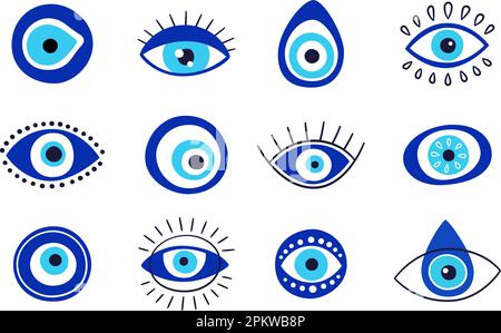 Icônes talisman œil mal. Symboles turcs ou grecs. Grèce magie ethnique amulet. Icônes de hamsa bleu mystique de style dessiné à la main. Amulette de Nazar Illustration de Vecteur