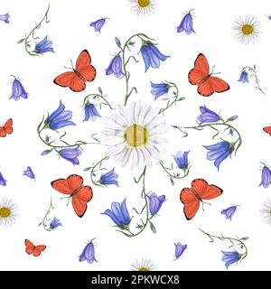 Motif aquarelle sans couture de Marguerite, de feuillure et de papillons lumineux isolés sur fond blanc. Pour la conception de cartes de vœux, modèle d'invitation Banque D'Images