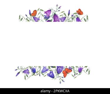 Cadre aquarelle de fleurs sauvages et de papillons isolés sur fond blanc. Illustration de campanula, avoine pour la carte postale, invitation différente Banque D'Images