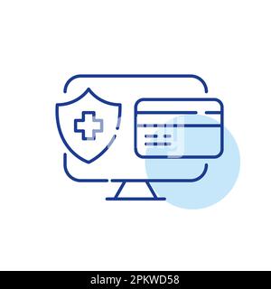 Achat d'assurance médicale en ligne. Moniteur de bureau, carte de crédit et Shield. Icône de ligne de contour pixel Perfect, modifiable Illustration de Vecteur