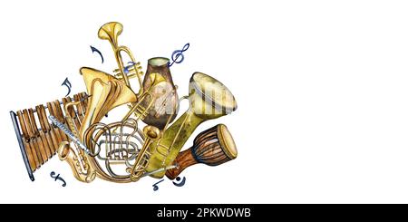 Composition des instruments de musique à vent et des tambours aquarelle illustration isolée. Djembe, corne, flûte, tuba, sax, xylophone dessiné à la main. Oreme de conception Banque D'Images