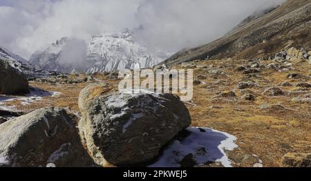 paysage de toundra alpine et montagnes himalaya enneigées au point zéro ou vallée de yumesodong dans le nord de sikkim, inde Banque D'Images