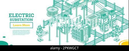 Sous-station d'énergie isométrique. Transformateur électrique. Concept de contour. Illustration vectorielle. Couleur verte. Fait partie de la chaîne de distribution. Puissance haute tension. Illustration de Vecteur