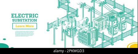 Sous-station d'énergie isométrique. Transformateur électrique. Concept de contour. Illustration vectorielle. Couleur verte. Fait partie de la chaîne de distribution. Alimentation haute tension S Illustration de Vecteur