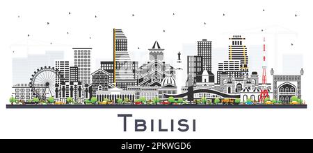 Tbilissi Georgia City Skyline avec des bâtiments couleur isolés sur blanc. Illustration vectorielle. Paysage urbain de Tbilissi avec des points de repère. Voyages d'affaires. Illustration de Vecteur