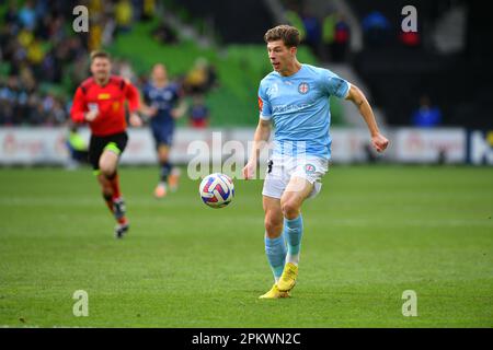 Melbourne, Australie. 10 avril 2023. Photo : Jordan Bos (38), défenseur de la ville de Melbourne, lors du match à domicile de Melbourne, contre Wellington Phoenix en Nouvelle-Zélande, au parc AAMI de Melbourne. Credit: Karl Phillipson / Alamy Live News Banque D'Images