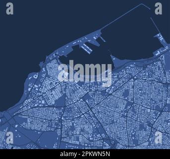 Affiche détaillée en bleu sur la carte vectorielle de la zone administrative de la ville de Tripoli. Panorama sur la ligne d'horizon. Carte touristique graphique décorative du territoire de Tripoli. Royalties fr Illustration de Vecteur