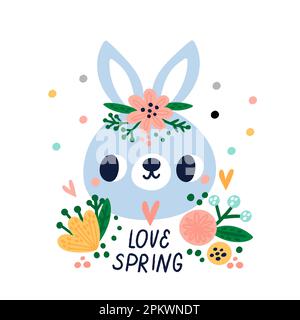 Carte de printemps animaux mignons. Lapin de dessin animé avec couronne fleurie. Vacances de printemps. Lièvre drôle. Fête de Pâques. Fleurs et feuilles de plantes. Petit lapin Illustration de Vecteur