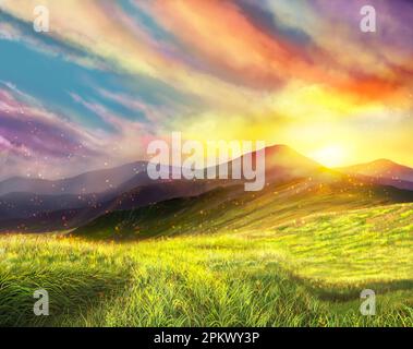 Paysage fantastique champ de gazon au lever du soleil avec rayons du soleil. Paysage magnifique lever soleil ciel fond et fleurs d'herbe flottant dans l'air, Banque D'Images