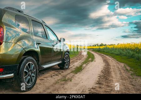 Gomel, Belarus - 20 mai 2020: Voiture Renault Duster ou Dacia Duster SUV en été champ de colza campagne Paysage sur fond bleu clair vif Banque D'Images