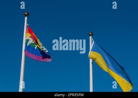Le drapeau de l'Ukraine et le drapeau arc-en-ciel sur les mâts sur fond de ciel bleu clair. Deux drapeaux et un ciel sans nuages. Banque D'Images