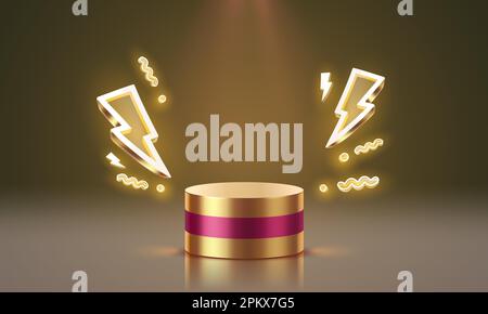 Scène méga vente, le symbole de la foudre, super offre podium bannière, piédestal doré. Vecteur Illustration de Vecteur
