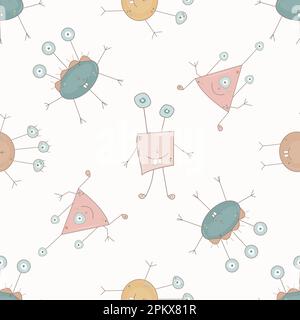 Motif sans couture Happy Holidays. Monstre coloré silhouette tête visage icône ensemble a. mignon dessin animé kawaii effrayant drôle de personnage de bébé répéter le papier. Banque D'Images