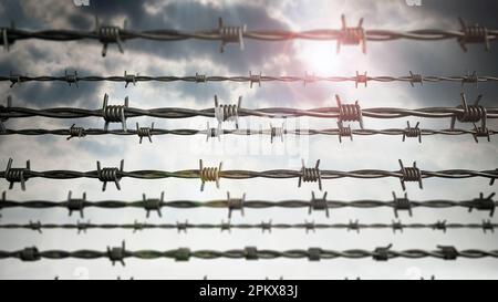 Des barbelés sur un fond de ciel nuageux sombre. 3D illustration. Banque D'Images