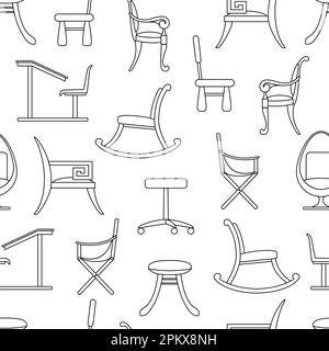 Chaises et fauteuils à motifs sans couture. Présenter les éléments intérieurs sur fond blanc. Différents types de fauteuil, mobilier. Ordinateur, enfants, camping Illustration de Vecteur