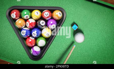 Boules de billard, triangle, craie et cue sur table de billard. 3D illustration. Banque D'Images