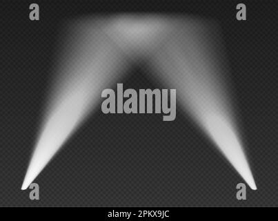 Deux projecteurs blancs dans l'air. Lumières volumétriques coniques à partir du bas avec bords sombres. Effet de spot sur fond sombre. Studio vide ou concer Illustration de Vecteur