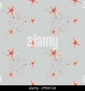 Étoiles de mer de couleur corail aux éclaboussures et aux touches de peinture sur fond gris. Illustration aquarelle. Motif sans couture de MEDUSA ET SEA HORSE Banque D'Images