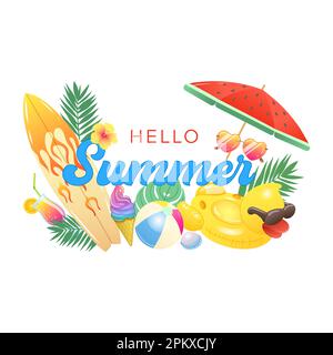 Bannière Hello Summer vector avec éléments de plage colorés et accessoires d'été. Illustration vectorielle. Illustration de Vecteur