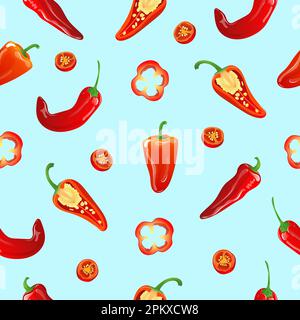 Motif sans couture avec piments rouges sur fond bleu. Illustration de Vecteur