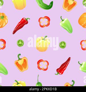 Motif sans couture avec poivrons multicolores de différents types dans des couleurs vives et gaies Illustration de Vecteur