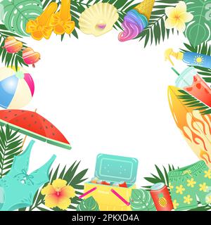 Cadre décoratif avec accessoires de plage d'été et feuilles tropicales aux couleurs vives, illustration vectorielle Illustration de Vecteur