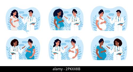 Médecins et femmes enceintes de races et d'âges différents. Les médecins masculins et féminins parlent aux patients en utilisant un comprimé en consultation. Illustration de Vecteur