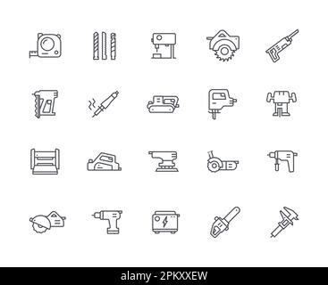 Ensemble de contours d'icônes de travail du bois électrique Illustration de Vecteur