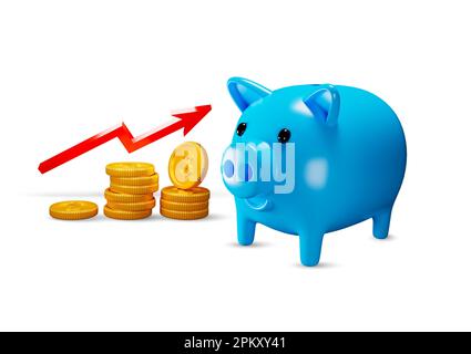 3D rendu de la banque de porc bleue avec une flèche rouge et empiler les pièces sur l'illustration d'arrière-plan blanche Banque D'Images