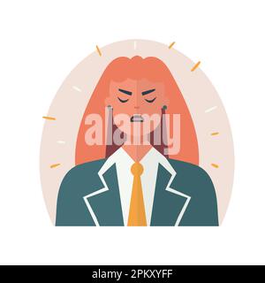 Visage de femme en colère. Personnage plat vectoriel, concept d'émotions négatives. Avatar isolé sur fond blanc. Illustration d'un vecteur de santé mentale. Illustration de Vecteur