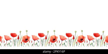 Peinture numérique stylisée Red Poppies Field, style de dessin au crayon, bordure sans couture avec arrière-plan blanc et espace de copie, jour du souvenir, couleur pastel Banque D'Images