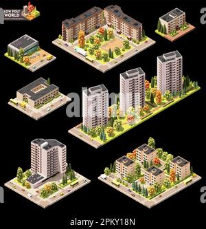 Ensemble de création de cartes vectorielles isométriques. Éléments de carte combinables. Carte de la ville ou de la zone résidentielle. Bâtiments et rues à plusieurs étages Illustration de Vecteur