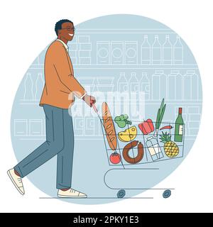 Le jeune homme est avec un chariot plein de provisions Illustration de Vecteur