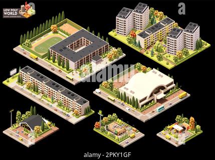 Ensemble de création de cartes vectorielles isométriques. Éléments de carte combinables. Carte de la ville ou de la zone résidentielle. Bâtiments et rues à plusieurs étages Illustration de Vecteur