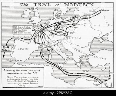 Carte montrant le sentier de Napoléon, 1785-1815. Extrait du livre Outline of History de H.G. Puits, publié en 1920. Banque D'Images