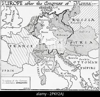 Carte de l'Europe après le Congrès de Vienne, 1814-1815. Extrait du livre Outline of History de H.G. Puits, publié en 1920. Banque D'Images