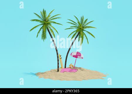 Réaliste 3D collage de belle île tropicale avec noix de coco palmiers bains de soleil surf parfait pour se détendre pendant les vacances d'été Banque D'Images