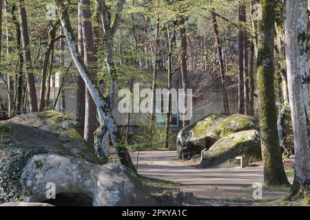 Nemours : le Musée de la Préhistoire, conçu par Roland Simounet en 1980, est presque invisible parmi les arbres et les rochers de la forêt de Fontainebleau Banque D'Images