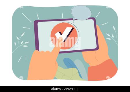 Mains tenant un smartphone avec une coche et une bulle de parole Illustration de Vecteur