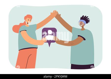 Deux femmes heureuses avec le symbole d'ami tenant les mains Illustration de Vecteur