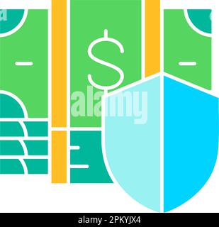 Bouclier avec pile de billets d'argent, sécurité de l'argent, assurance, protection de l'argent icône de contour blanc. Paiement en espèces, facture papier, symbole dollar. Illustration de Vecteur