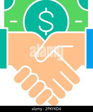 Billet de banque avec poignée de main, icône de partenariat avec contour blanc. Paiement en espèces, facture papier, symbole dollar. Illustration de Vecteur