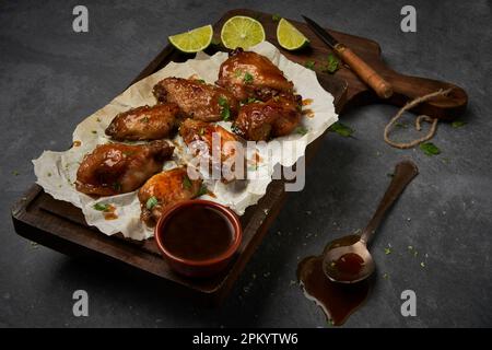 Appétissant ailes de poulet marinées grillées avec du vinaigre de gingembre placé sur l'assiette avec de la sauce et servi avec des oignons sur une planche à découper en bois avec un couteau Banque D'Images