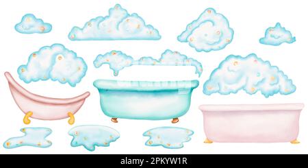 Un ensemble de bains d'aquarelle multicolores, de mousses de savon et de flaques - illustrations isolées. Design simple et confortable. Style de dessin animé Banque D'Images