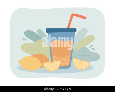 Boisson rafraîchissante dans une tasse avec de la paille et des tranches de citron Illustration de Vecteur