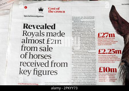 "Revealed Royals a fait près de £2m de la vente de chevaux reçus de chiffres clés" journal Guardian titre article 8 avril 2023 Londres Royaume-Uni Banque D'Images