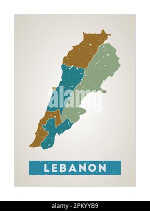 Carte du Liban. Affiche pays avec régions. Ancienne texture de grunge. Forme du Liban avec nom de pays. Illustration vectorielle impressionnante. Illustration de Vecteur