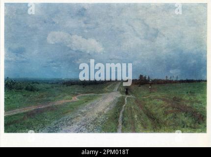 Carte postale ancienne de l'URSS, 1971. 'Vladimirka Road' par Isaac Ilyich Levitan (russe: Исаак Ильич Левитан; 30 août [O.S. 18 août] 1860 – 4 août [O.S. 22 juillet] 1900) était un peintre de paysage russe classique qui avançait le genre de 'paysage de bonne'. Banque D'Images